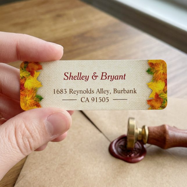 Étiquette Gold Red Automne Feuilles Rustique Burlap saisonni (Créateur téléchargé)