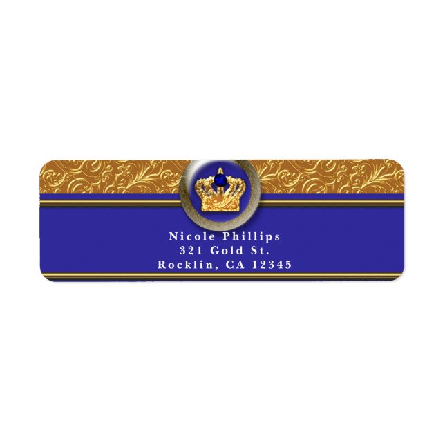 Étiquette Gold & Royal Blue Crown Invitation de fête d'anniv (Devant)