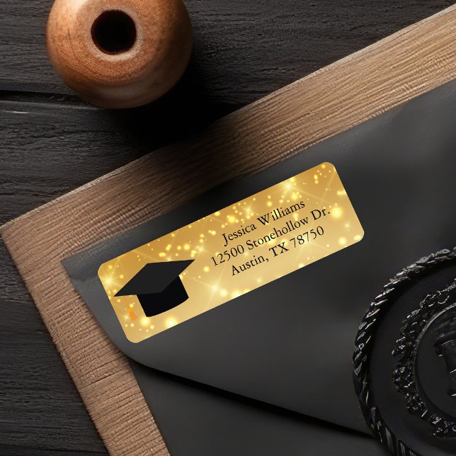 Étiquette Gold Sparkle Graduation Cap Chic Adresse de retour (Créateur téléchargé)
