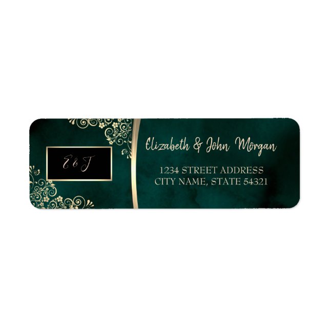 Étiquette Gold Swirls Emerald Green Wedding  (Devant)