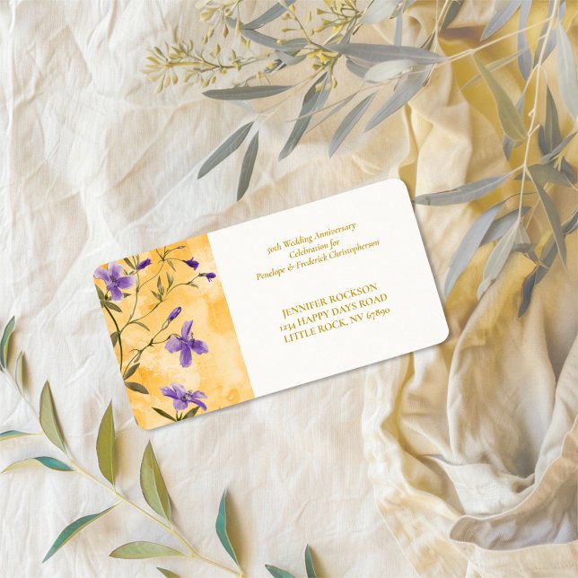Étiquette Gold Violets Floral 50e anniversaire Mariage (Gold Violets Floral 50th Wedding Anniversary return address label)