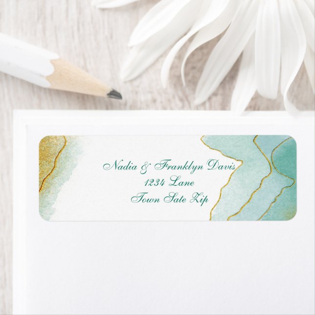 Étiquette Gold Watercolor Turquoise Adresse de retour (En situation)