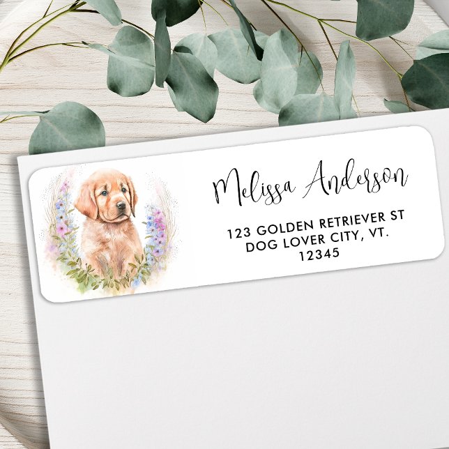 Étiquette Golden Retriever Chien Floral Chiot Adresse de ret (Créateur téléchargé)