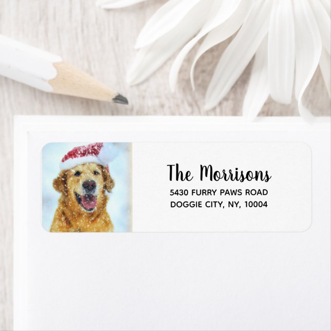 Étiquette Golden Retriever Santa Hat, Adresse de retour pers (En situation)