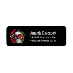 Étiquette Goth Crâne avec Fleurs rouges et Feuilles d'or