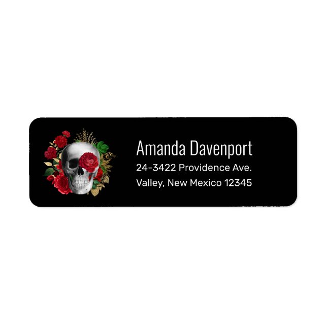Étiquette Goth Crâne avec Fleurs rouges et Feuilles d'or (Devant)