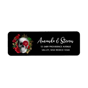 Étiquette Goth Crâne avec Fleurs rouges et Feuilles d'or