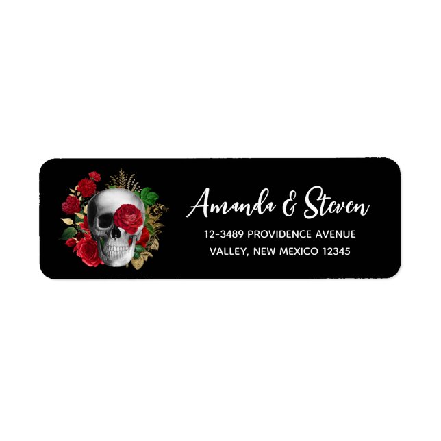 Étiquette Goth Crâne avec Fleurs rouges et Feuilles d'or (Devant)