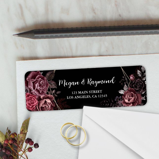 Étiquette Gothique Black Dark Florals Mariage Adresse de ret (Créateur téléchargé)