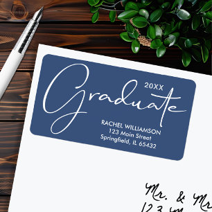 Étiquette Graduation Élégant Script Bleu Adresse de retour