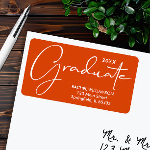 Étiquette Graduation Élégant Script Orange Adresse de retour