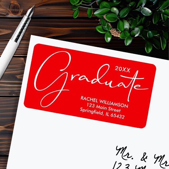 Étiquette Graduation Élégant Script Rouge Adresse de retour (Graduation Elegant Script Red Return Address Labels)