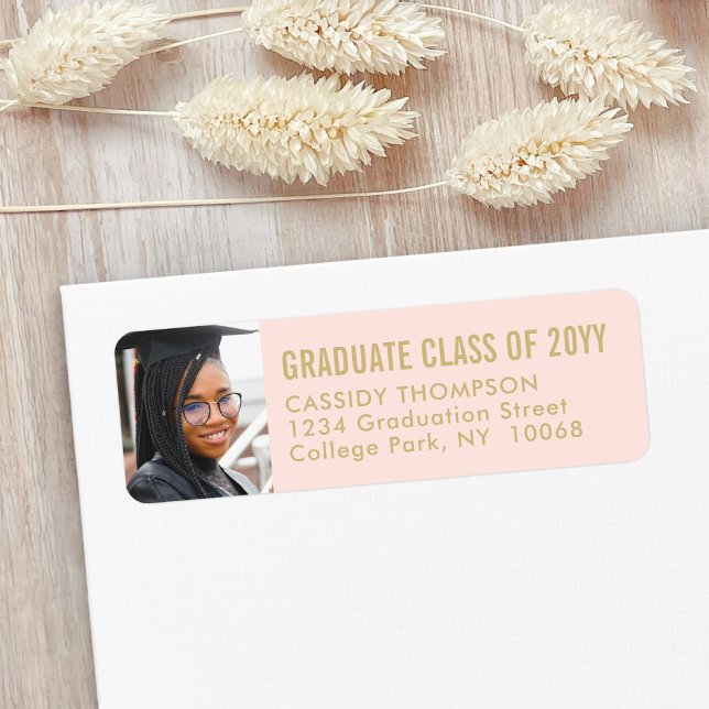Étiquette Graduation Photo Blush Pink & Gold Adresse de reto (Créateur téléchargé)