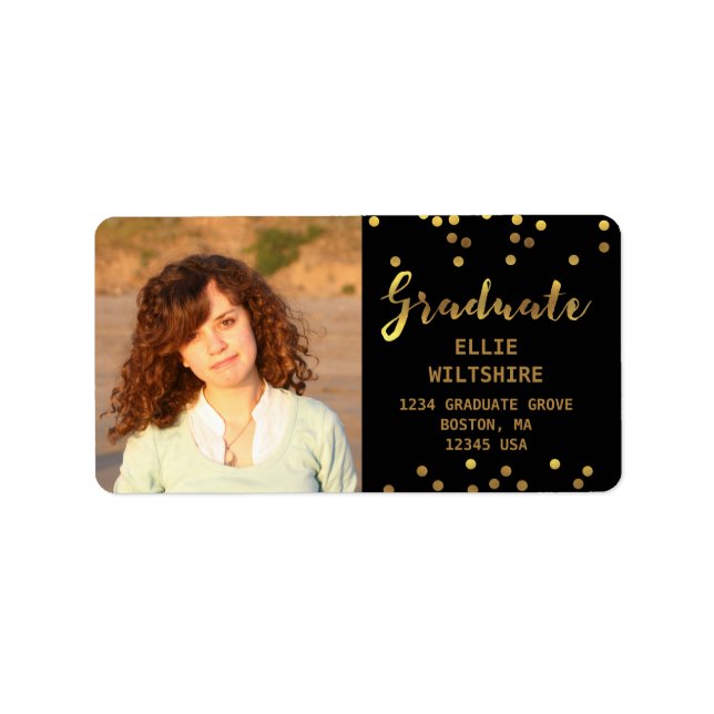 Étiquette Graduation Photo Faux Gold Foil Confetti Noir (Devant)