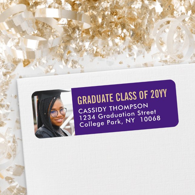 Étiquette Graduation Photo Purple Gold White Adresse de reto (Créateur téléchargé)