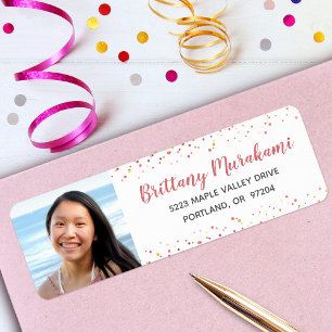 Étiquette Graduation photo rose or script d'or adresse moder