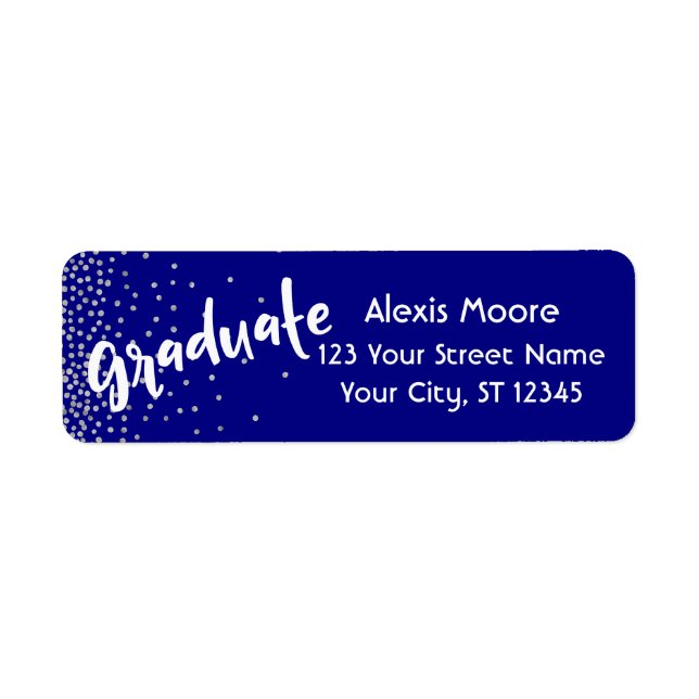 Étiquette "Gradué" avec Confetti d'argent sur la marine (Devant)
