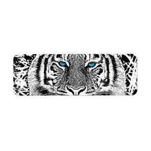 Étiquette Graphique noir et blanc de tigre d'yeux bleus