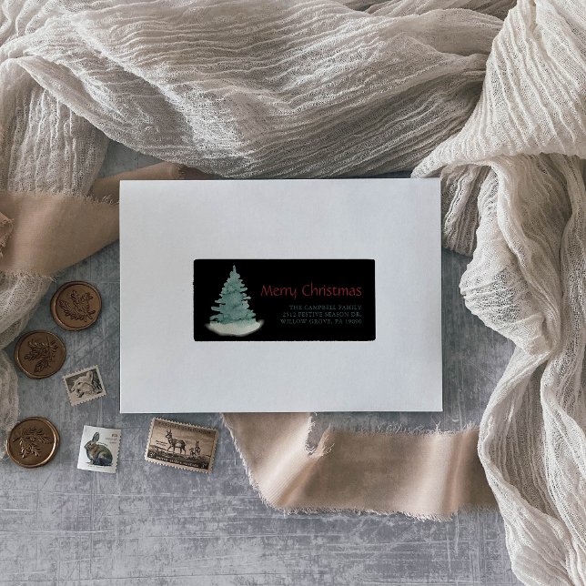 Étiquette Green Christmas Tree Black Adresse de retour (Créateur téléchargé)