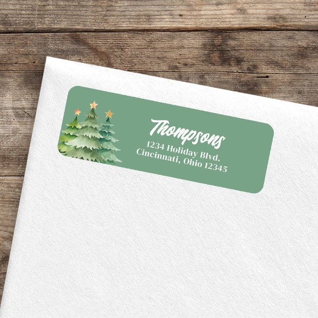 Étiquette Green Christmas Trees Custom Return Address  (Green Christmas tree holiday return address labels. )