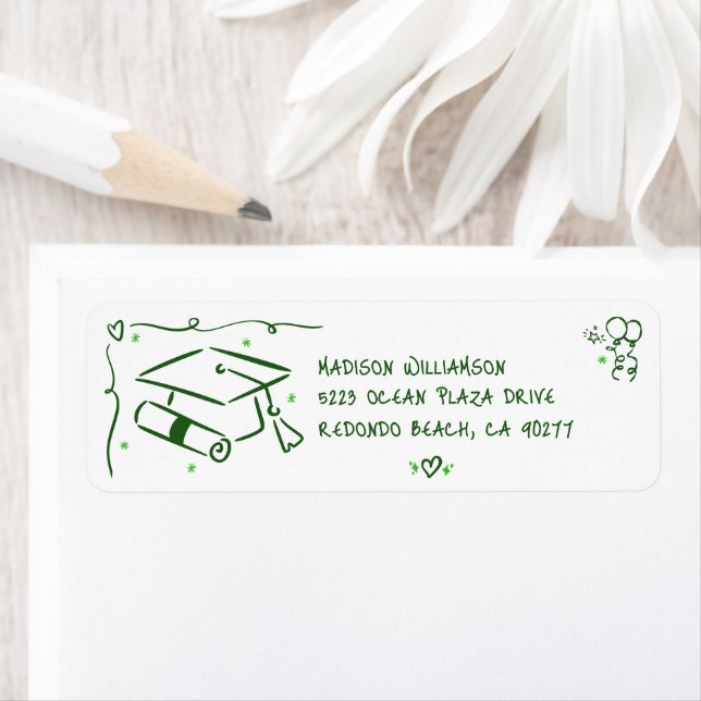 Étiquette Green Hand Drawn Doodle Graduate Cap White Address (En situation)