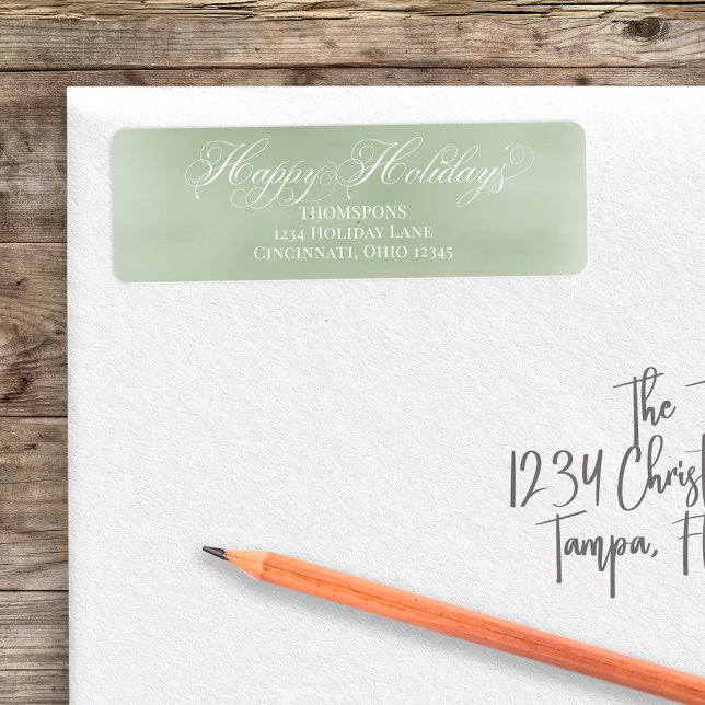 Étiquette Green Happy Holiday Script de calligraphie personn (Happy Holiday custom green return address label. )