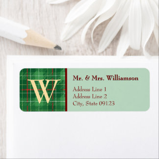Étiquette Green Monogramme Noël Plaid Adresse de retour