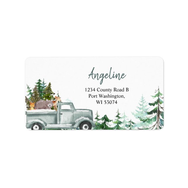 Étiquette Green Truck Woodland Animals Pine Trees Adresse : (Devant)