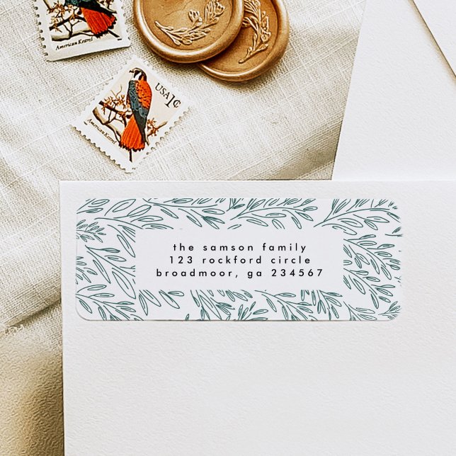 Étiquette Green Vines Adresse de retour (Green vines hand-drawn botanical festive return address label.)