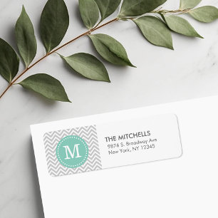 Étiquette Grey et Aqua Chevron Monogram Adresse de retour