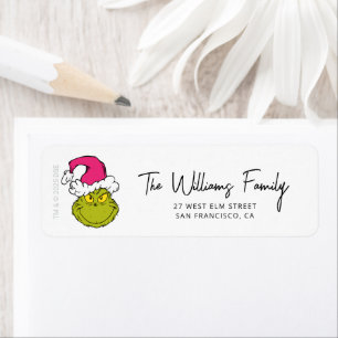 Étiquette Grinch avec chapeau de Père Noël rose