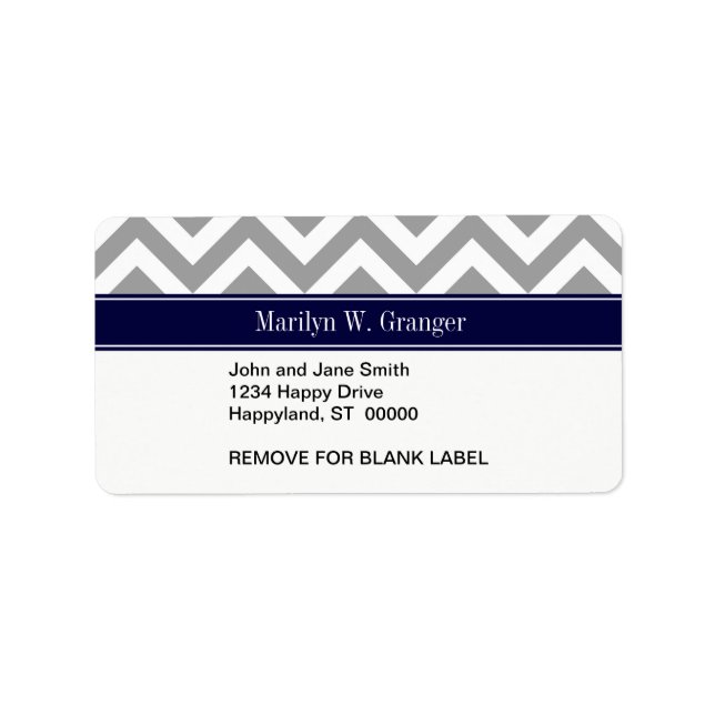Étiquette Gris foncé Lg Chevron Marine Nom bleu Monogramme (Devant)