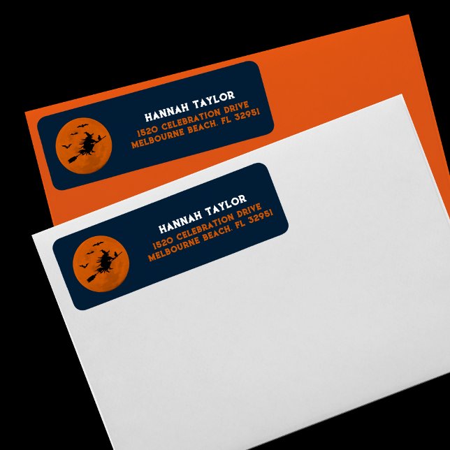 Étiquette Halloween Black Wicked Witch Flying Orange Moon (witchy address label)