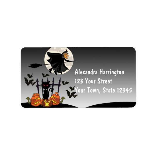 Étiquette Halloween sorcière volante (Devant)
