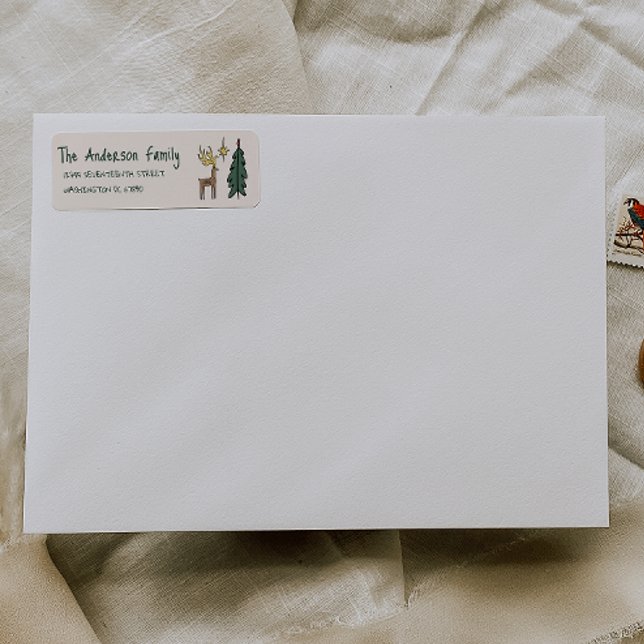 Étiquette Hand Painted Cream Christmas Tree Reindeer Address (Créateur téléchargé)