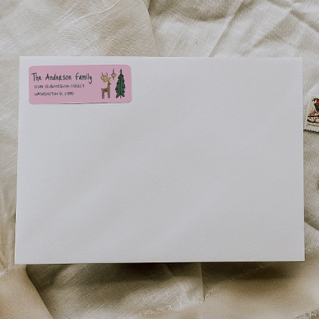 Étiquette Hand Painted Pink Christmas Tree Reindeer Address (Créateur téléchargé)
