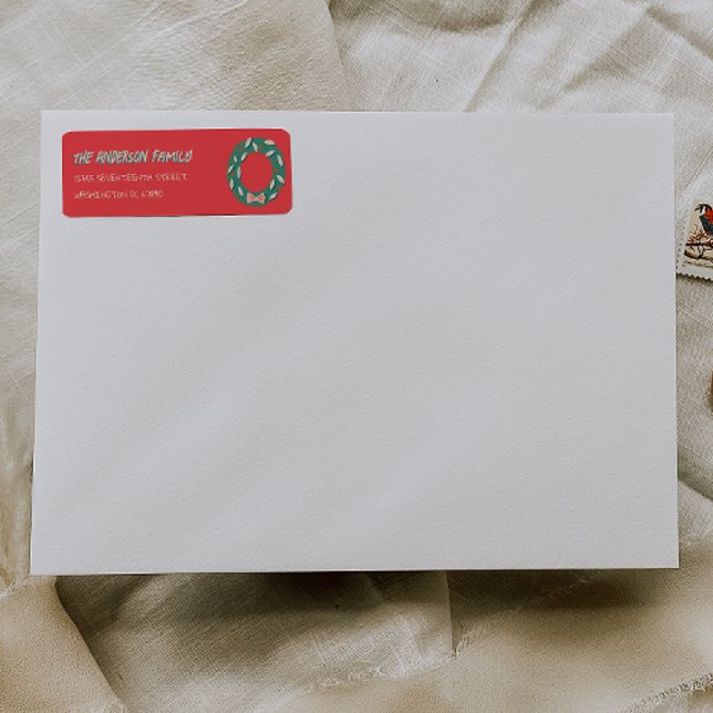 Étiquette Hand Painted Red Green Christmas Wreath Address (Créateur téléchargé)