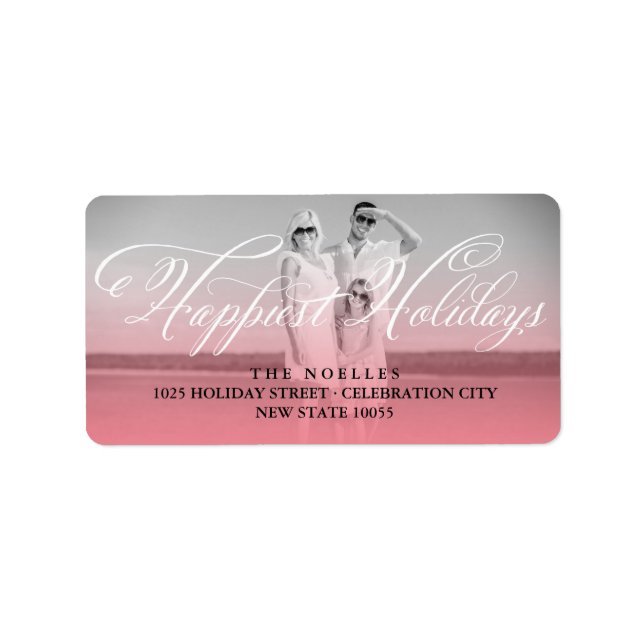 Étiquette Happest Holidays Fancy White Script Photo Address (Devant)