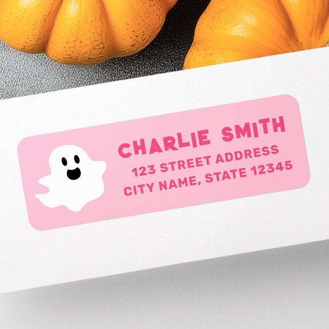 Étiquette Happy fantôme rose Halloween adresse de retour (Happy ghost pink Halloween return address Label)