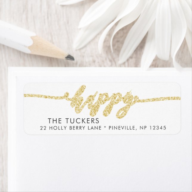 Étiquette HAPPY Gold Parties scintillant Script Holiday Adre (En situation)