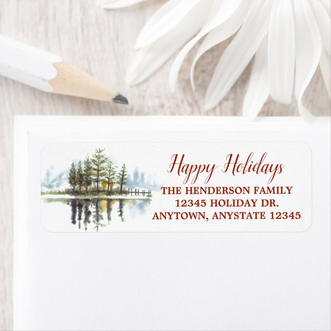 Étiquette Happy Holidays Watercolor Pine Tree Adresse (En situation)