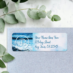Étiquette Hawaii bleu vagues photo personnalisée monogramme