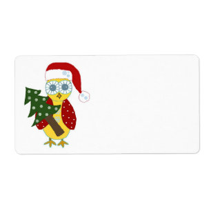 Étiquette Hibou avec un chapeau de Père Noël et un arbre de