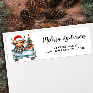 Étiquette Highland Cow Vintage Truck Holiday Adresse de reto