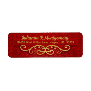 Étiquette Holiday Red and Gold in a Damask Adresse de retour