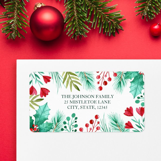 Étiquette Holly, Berries et verdure en aquarelle (Holly, Berries and Green Leaves Watercolor Label)