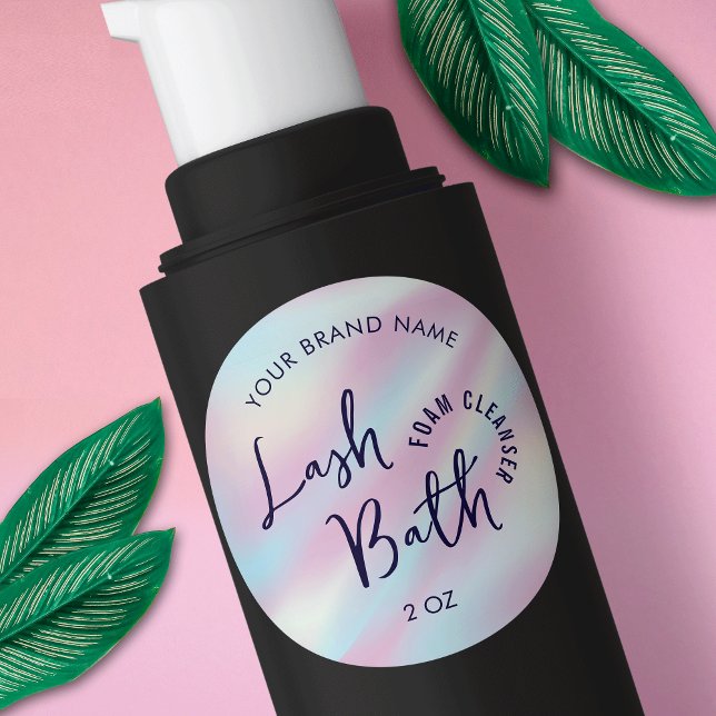 Étiquette holographique branché nettoyeur de bain  (Trendy girly holographic effect lash bath bottle round label)