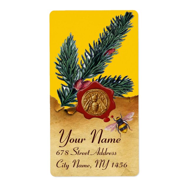 ÉTIQUETTE HONEY BEE AND PINE BRANCH, BEEKEEPER RED WAX SEAL (Devant)