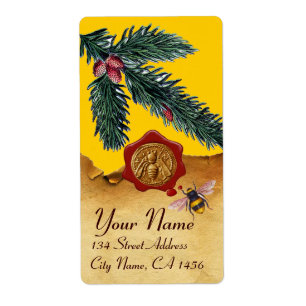 ÉTIQUETTE HONEY BEE AND PINE BRANCH, BEEKEEPER RED WAX SEAL