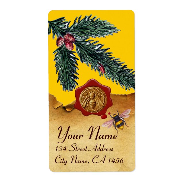 ÉTIQUETTE HONEY BEE AND PINE BRANCH, BEEKEEPER RED WAX SEAL (Devant)